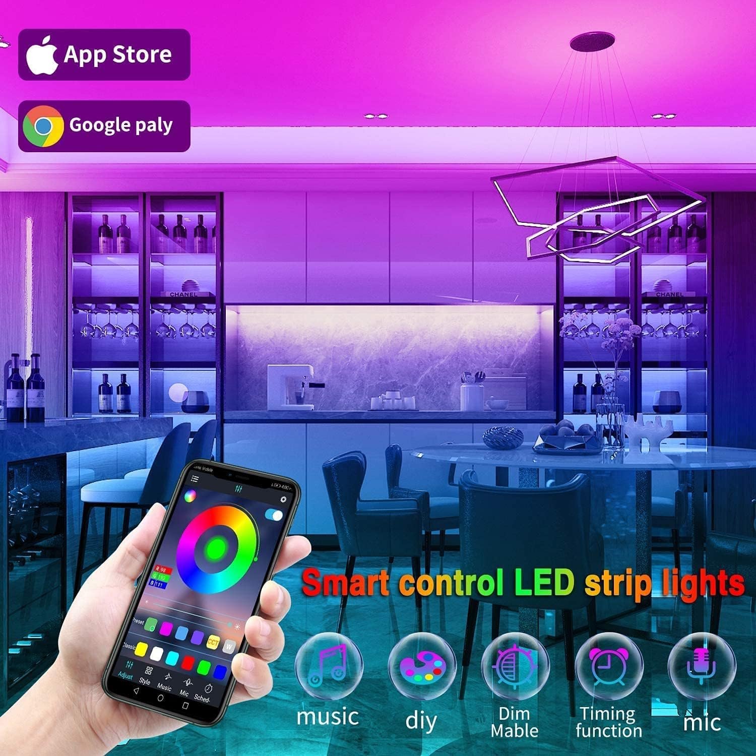 Tenmiro Led Lights for Bedroom 100ft (2 Rolls of 50ft) Music Sync Color Changing Strip Lights with Remote and App Control RGB Strip, for Room Home Party Decoration - Image 4