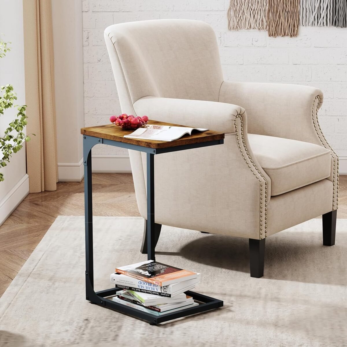 QEEIG C Table Side Table Set of 2 Living Room Sets C Shaped Couch Tray End Tables Farmhouse, Rustic Brown (017-30BN) - Image 3