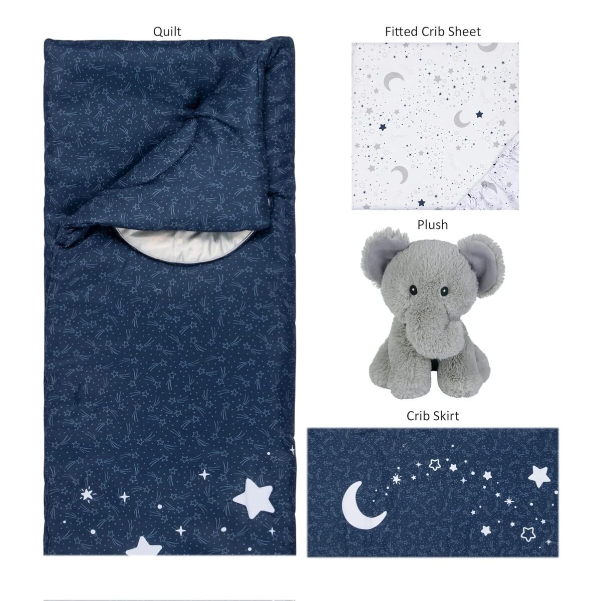 Sammy & Lou Shooting Stars 4-Piece Baby Crib Bedding Set, Includes Quilt, Fitted Crib Sheets Neutral, Crib Skirt, and Plush Toy - Image 3