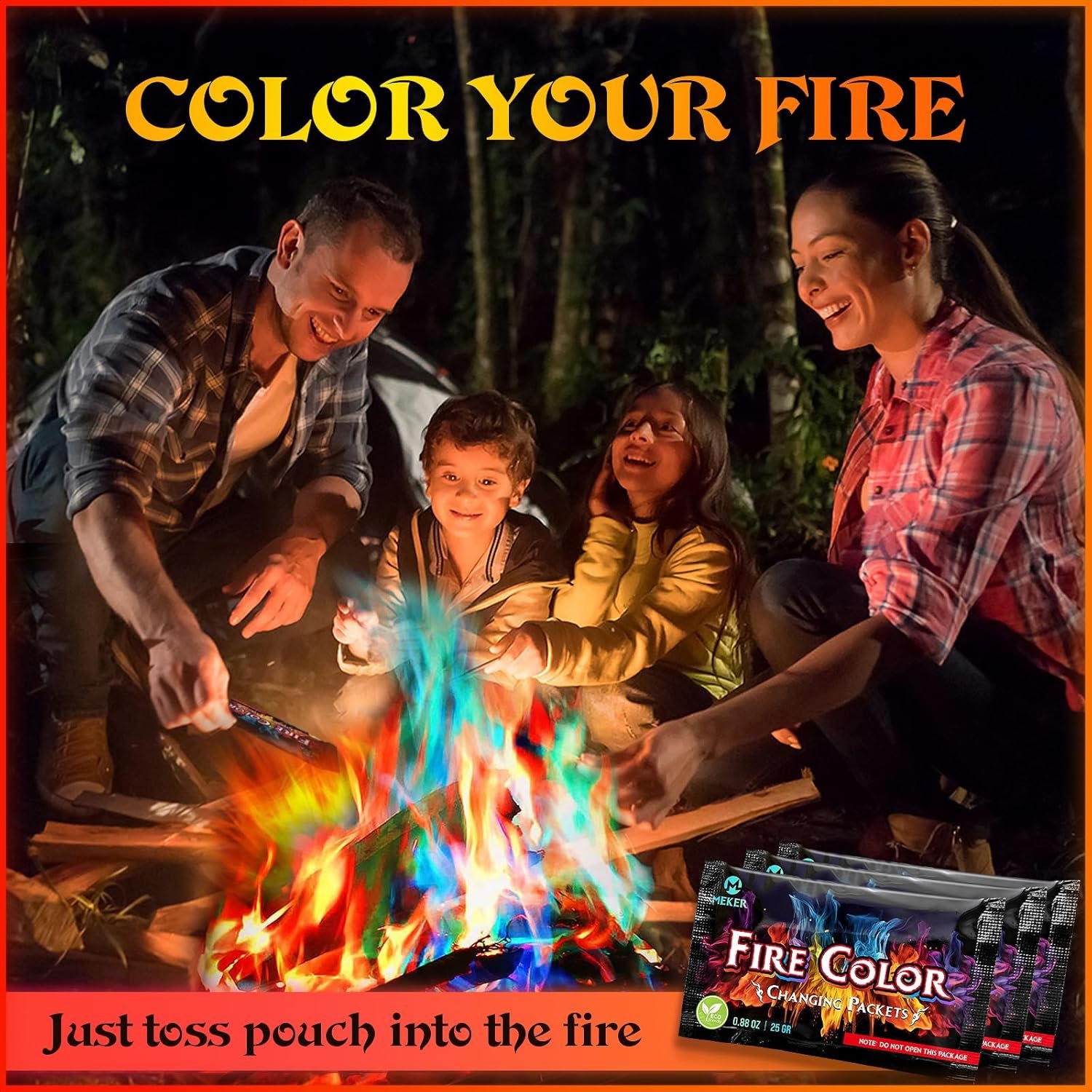 MEKER Fire Color Changing Packets - Fire Pit, Campfires, Outdoor Fireplaces, Bonfire - Magic Colorful Changing Fire - Perfect Fire Camping Accessories for Kids & Adults (12 Pack) - Image 3
