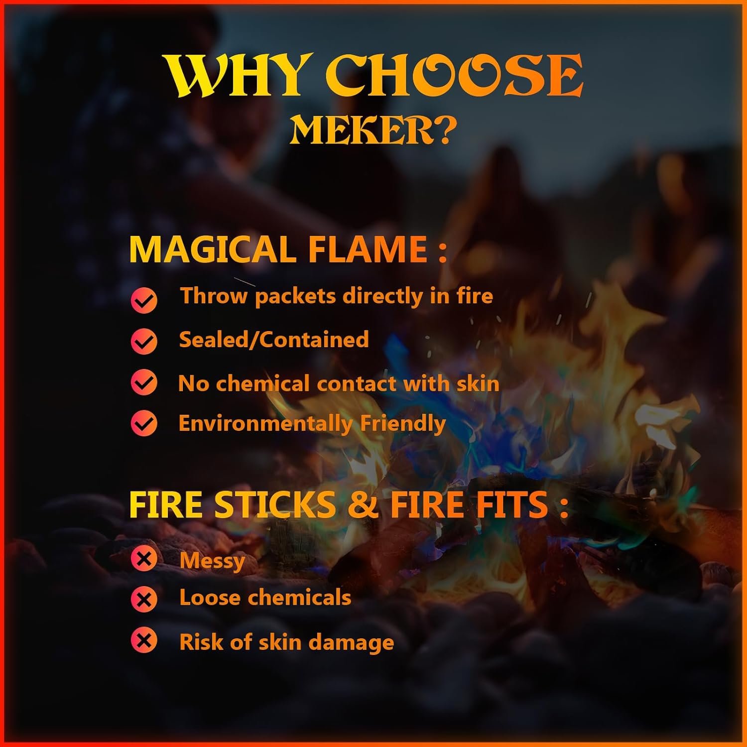 MEKER Fire Color Changing Packets - Fire Pit, Campfires, Outdoor Fireplaces, Bonfire - Magic Colorful Changing Fire - Perfect Fire Camping Accessories for Kids & Adults (12 Pack) - Image 8
