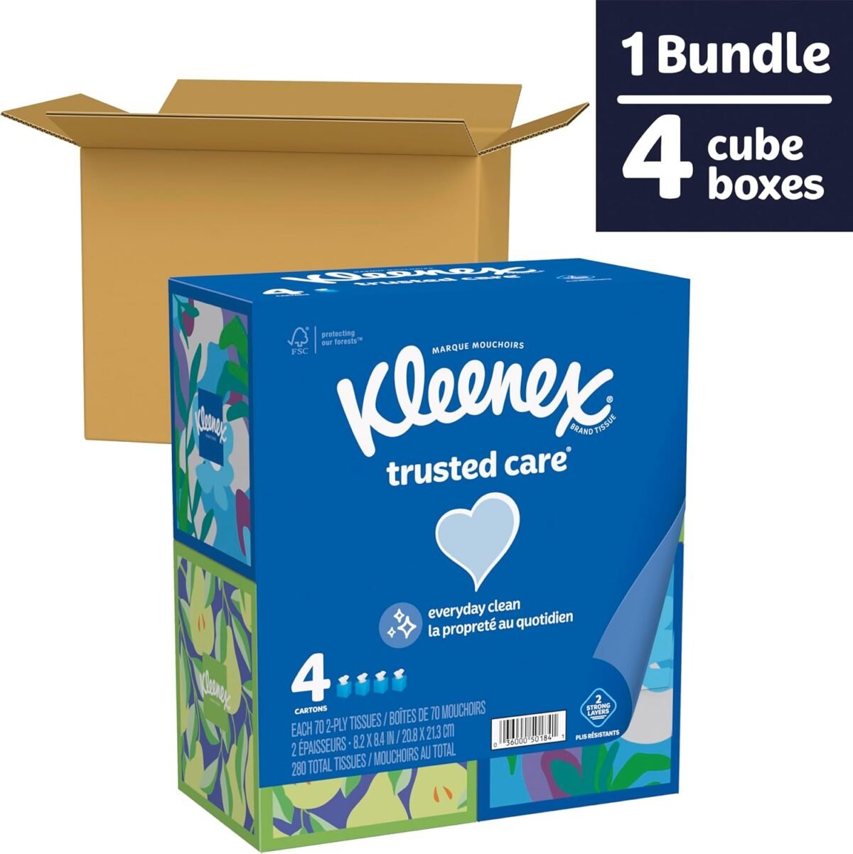 Kleenex Trusted Care Facial Tissues, 4 Cube Boxes, 70 Tissues per Box, 2-Ply (280 Total Tissues), Packaging May Vary - Image 3