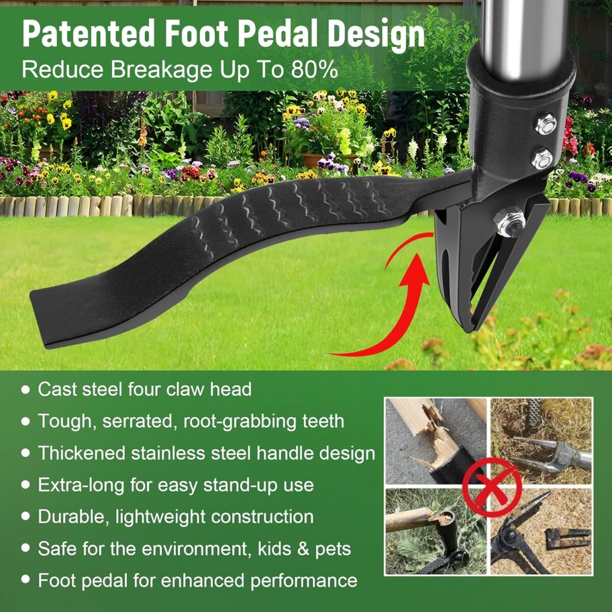 GOXAWEE Weed Puller Tool, 4-Claw Stand Up Weeder with Adjustable 46” Handle for Remove Weeds Without Bending, Pulling or Kneeling - Image 4