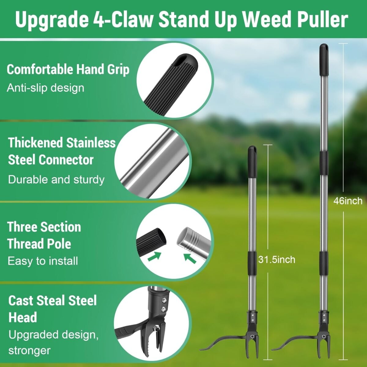 GOXAWEE Weed Puller Tool, 4-Claw Stand Up Weeder with Adjustable 46” Handle for Remove Weeds Without Bending, Pulling or Kneeling - Image 5