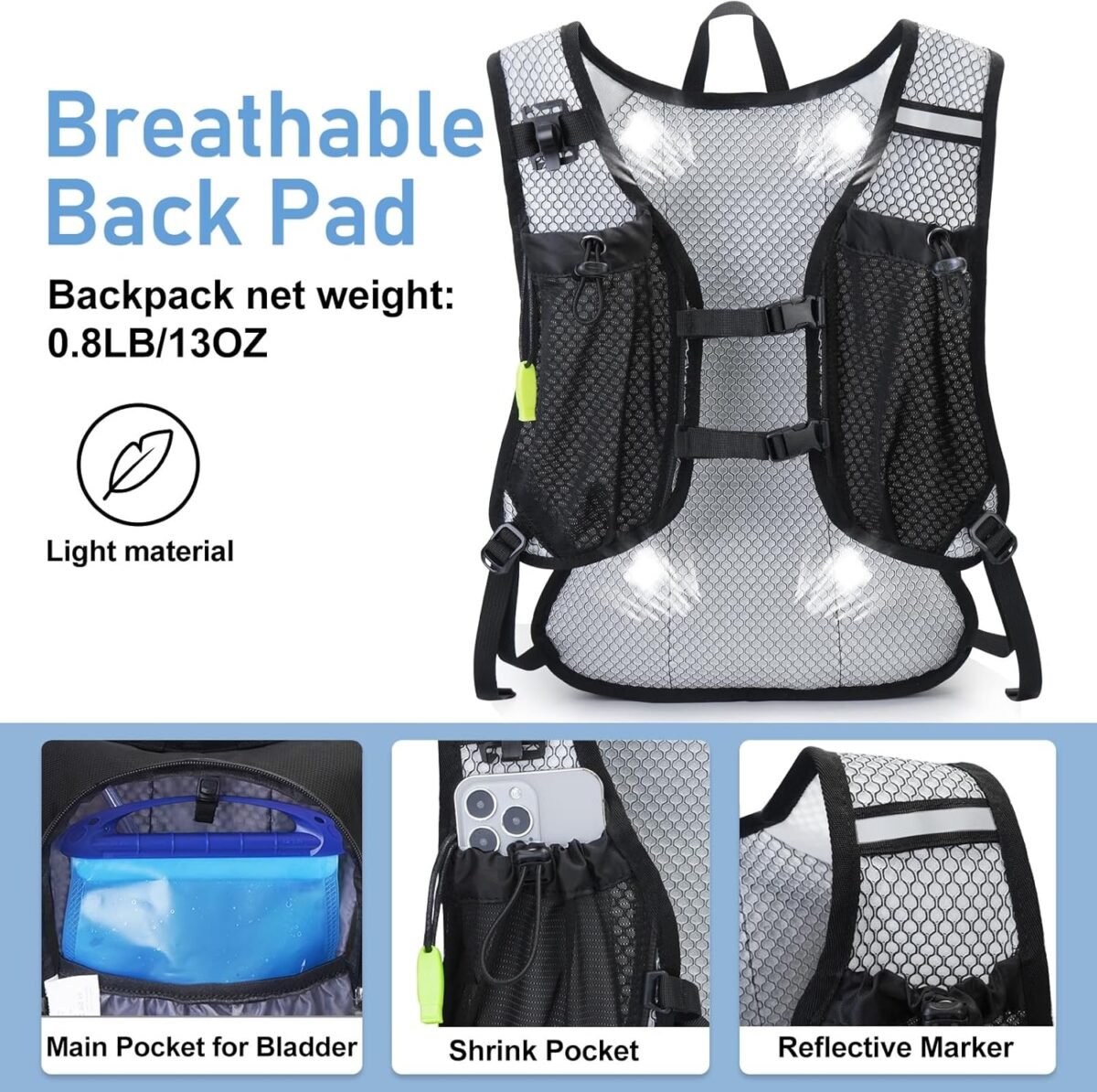 Lightweight Hydration Backpack, Running Backpack with 2L Water Bladder, Hydro Water Daypack for Cycling Hiking Rave for Men Women - Image 4
