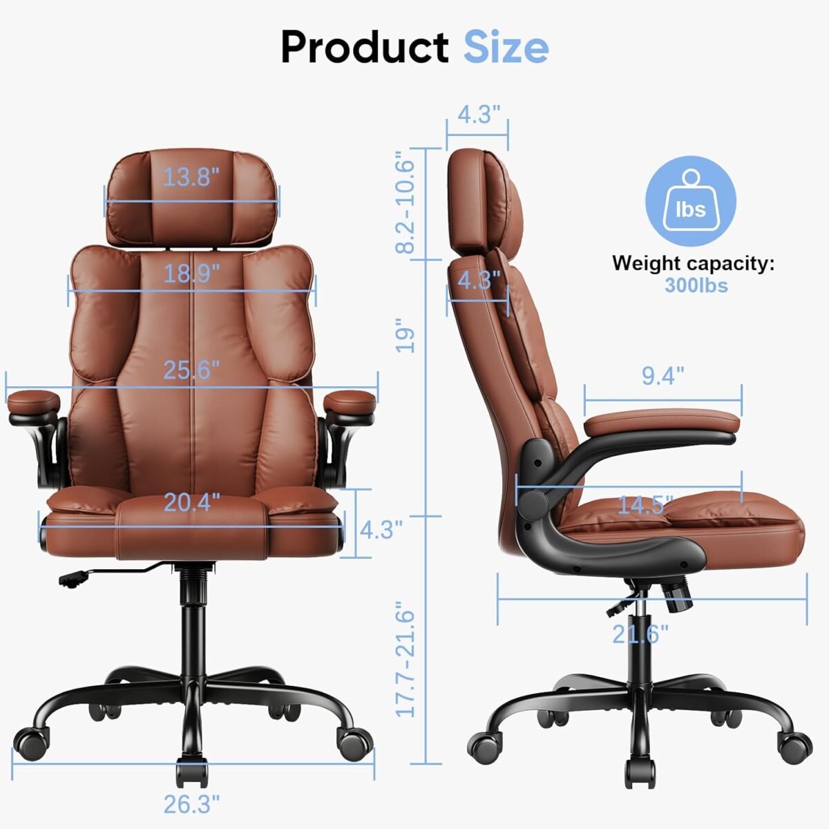 Executive Leather Office Chair, Computer Chair with Thick Cushion & Lumbar Support, Ergonomic Desk Chair with Adjustable Headrest & Armrests,Brown - Image 3