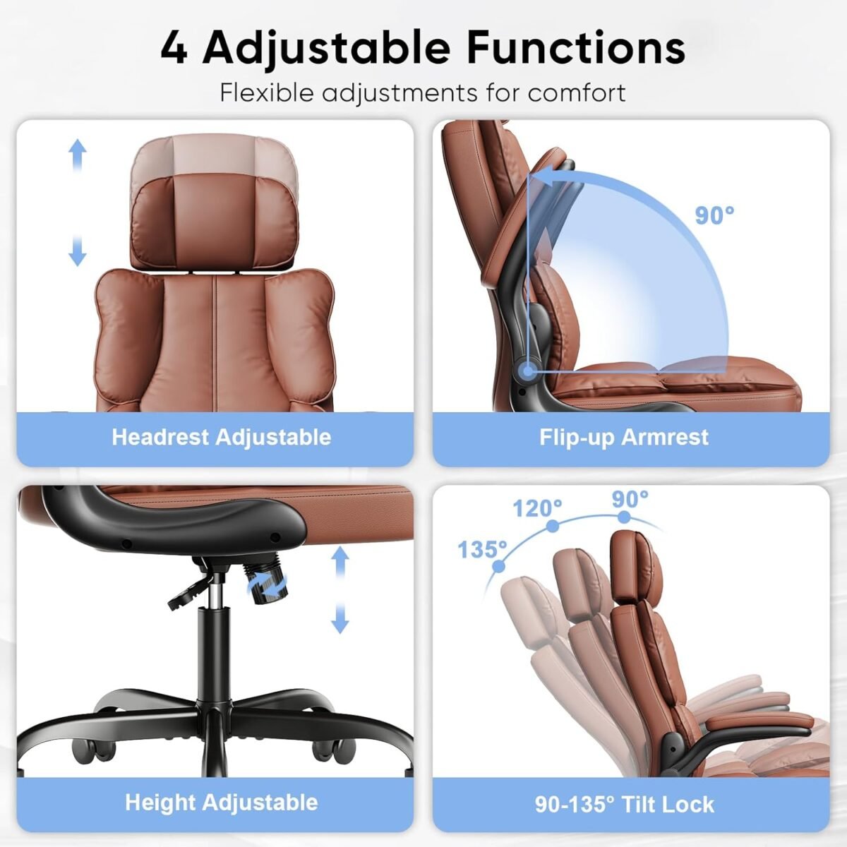 Executive Leather Office Chair, Computer Chair with Thick Cushion & Lumbar Support, Ergonomic Desk Chair with Adjustable Headrest & Armrests,Brown - Image 6