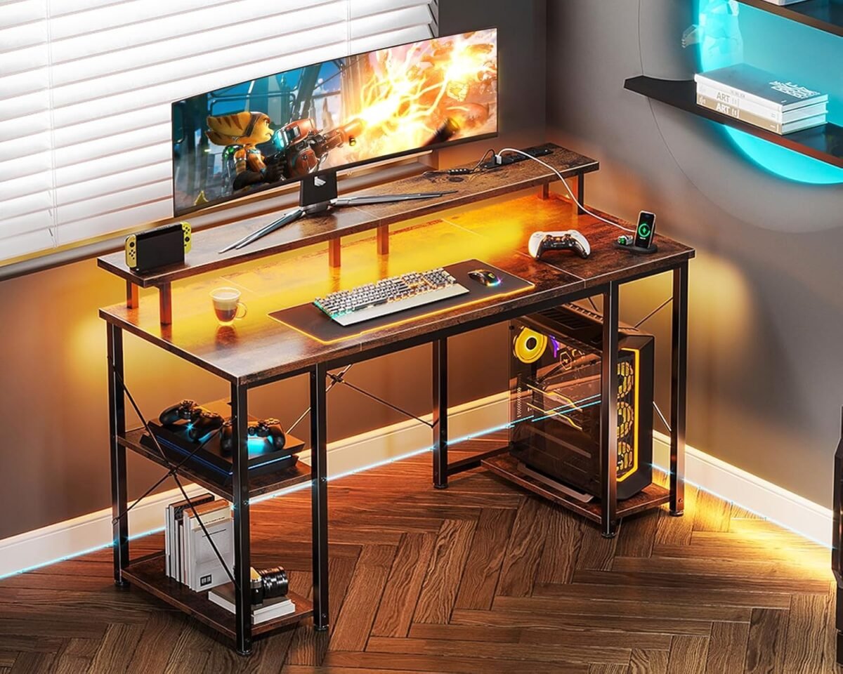 ODK 48 inch Gaming Desk with LED Lights & Power Outlets, Computer Desk with Monitor Stand & Storage Sheves, CPU Stand, Home Office Desk, Vintage - Image 3