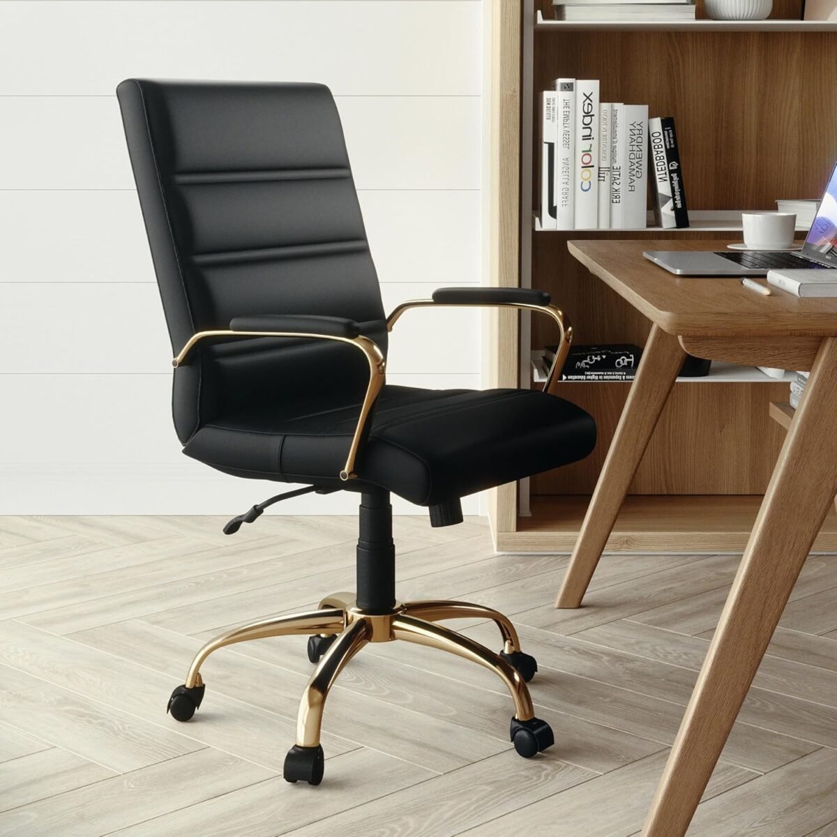 Flash Furniture Whitney Mid-Back Swivel LeatherSoft Desk Chair with Padded Seat and Armrests, Adjustable Height Padded Office Chair, Black/Gold - Image 3
