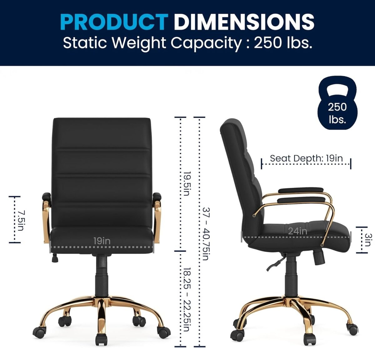 Flash Furniture Whitney Mid-Back Swivel LeatherSoft Desk Chair with Padded Seat and Armrests, Adjustable Height Padded Office Chair, Black/Gold - Image 4