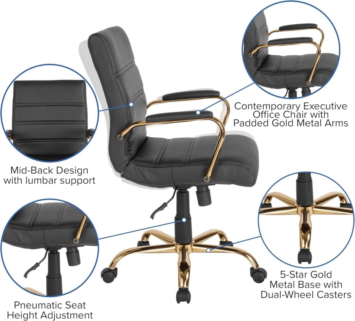 Flash Furniture Whitney Mid-Back Swivel LeatherSoft Desk Chair with Padded Seat and Armrests, Adjustable Height Padded Office Chair, Black/Gold - Image 11
