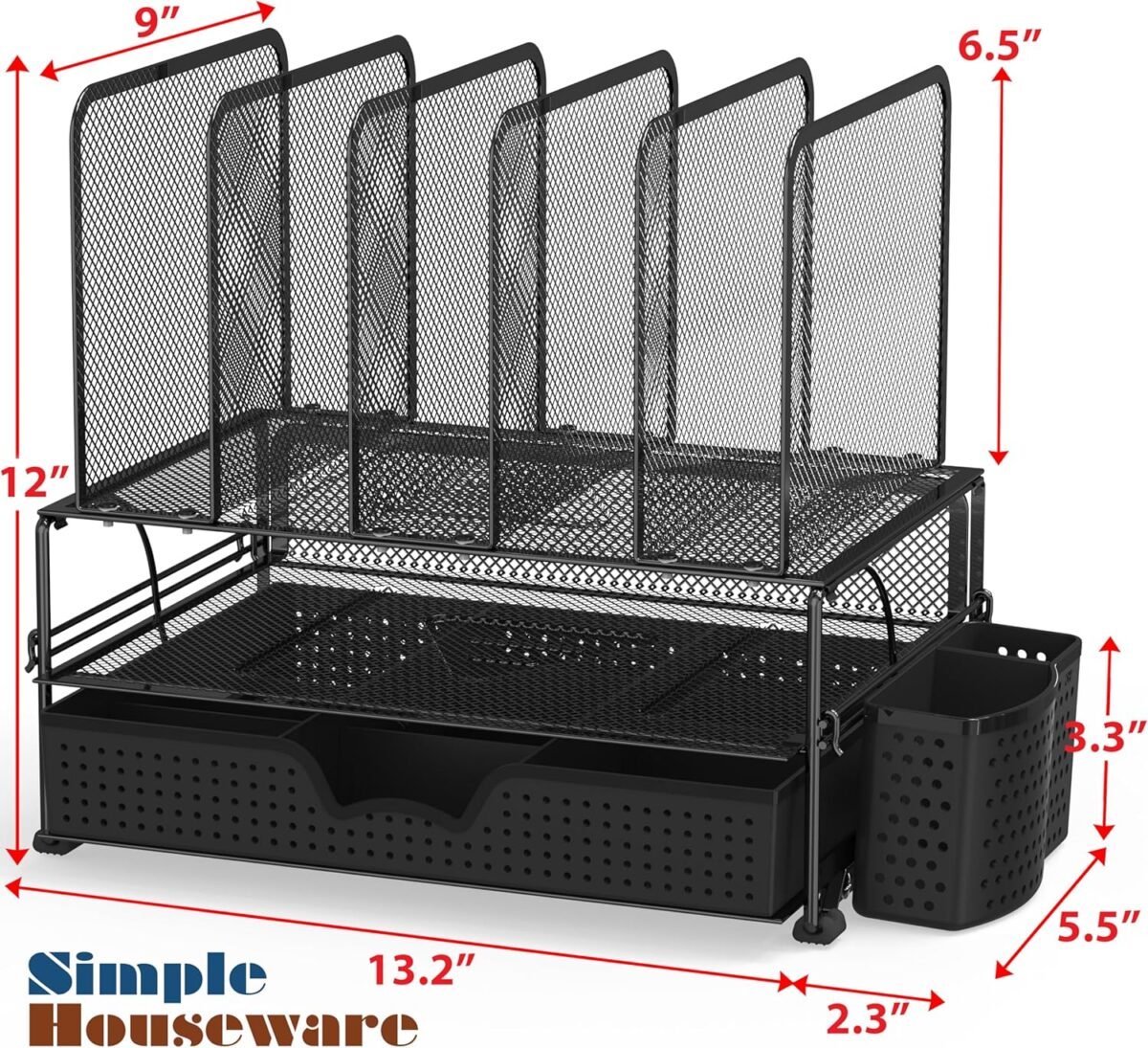 Simple Houseware Mesh Desk Organizer with Sliding Drawer, Double Tray and 5 Upright Sections, Black - Image 3