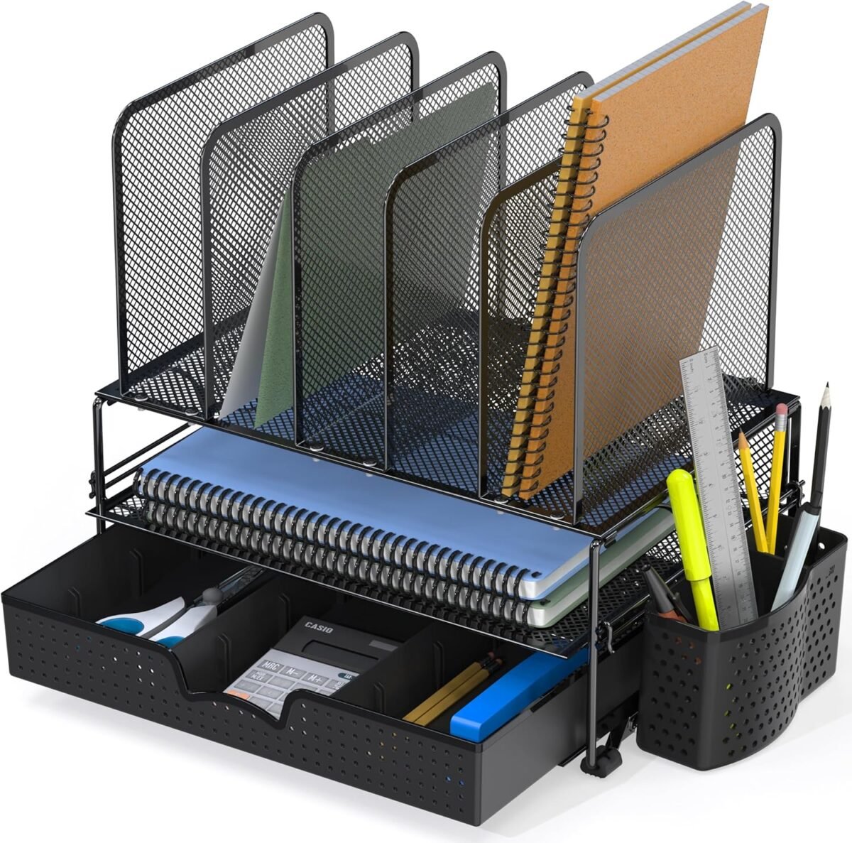 Simple Houseware Mesh Desk Organizer with Sliding Drawer, Double Tray and 5 Upright Sections, Black - Image 6