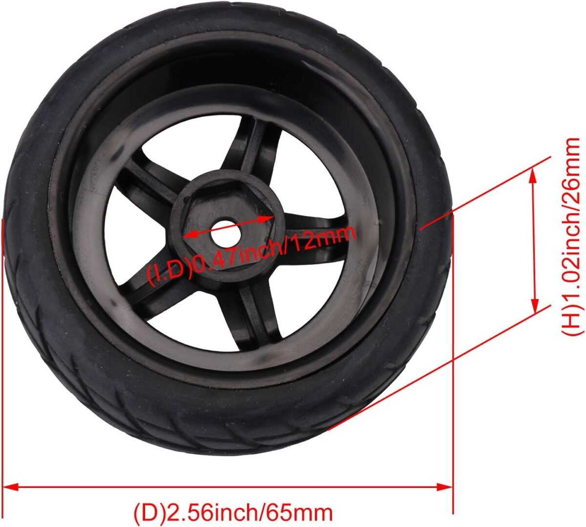 BQLZR Black RC 1: 10 Tires and Wheels Set 2.56" (Dia1.77") Hub Wheel Rims 5 Spoke + Rubber Tires Pack of 4 - Image 5