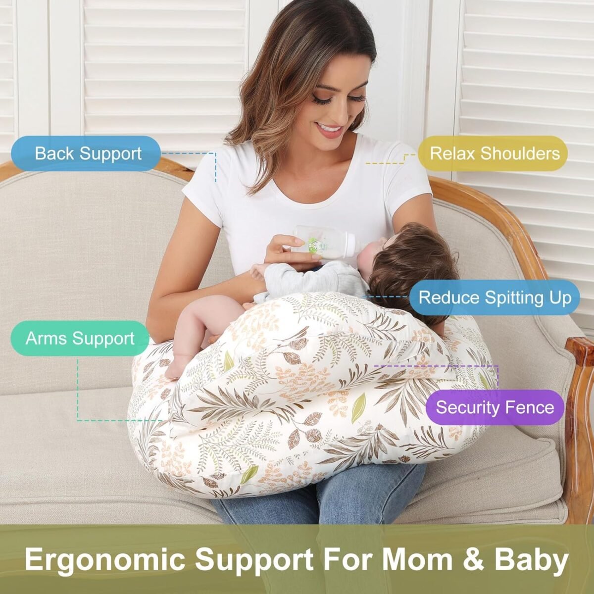 Nursing Pillow for Breastfeeding, Breastfeeding Essentials for Newborn, More Support for Mom and Baby, with Adjustable Waist Strap and Removable Cotton Cover (Big Leaves) - Image 3