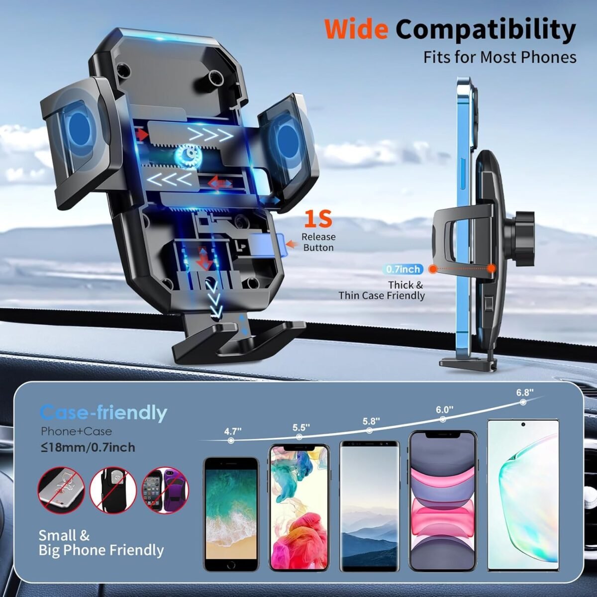 Upgraded 3-in-1 Car Phone Holder Mount [Powerful Suction] Phone Mount for Car Dashboard Air Vent Windshield,for All iPhone Android Phone (Black) - Image 5