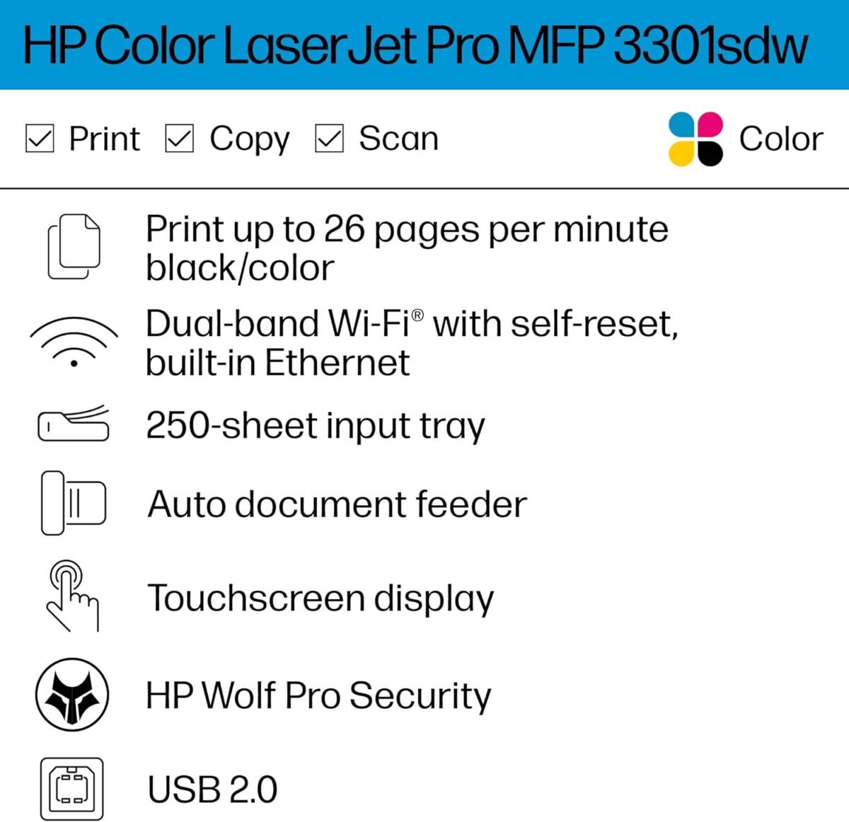 HP Color Laserjet Pro MFP 3301sdw Wireless All-in-One Color Laser Printer, Scanner, Copier, Best-for-Office (499Q3F) - Image 3