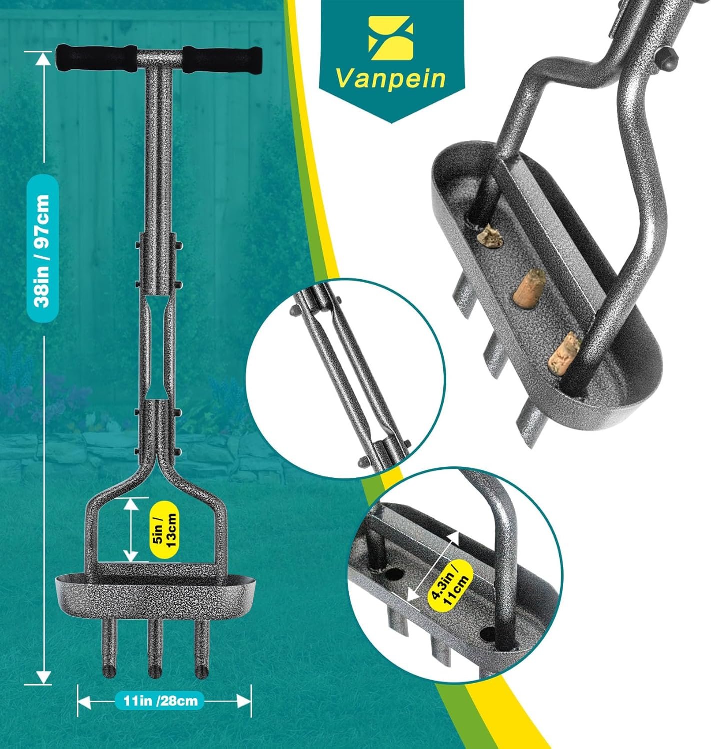 Lawn Aerator Core Garden Tool with Storage Tray, Manual Yard Grass Plug Aerators & A Clean Tool, 3 Tines Coring Aerator Tool for Soil Aeration, Lawn Care, Loose Soil, 38” - Image 3