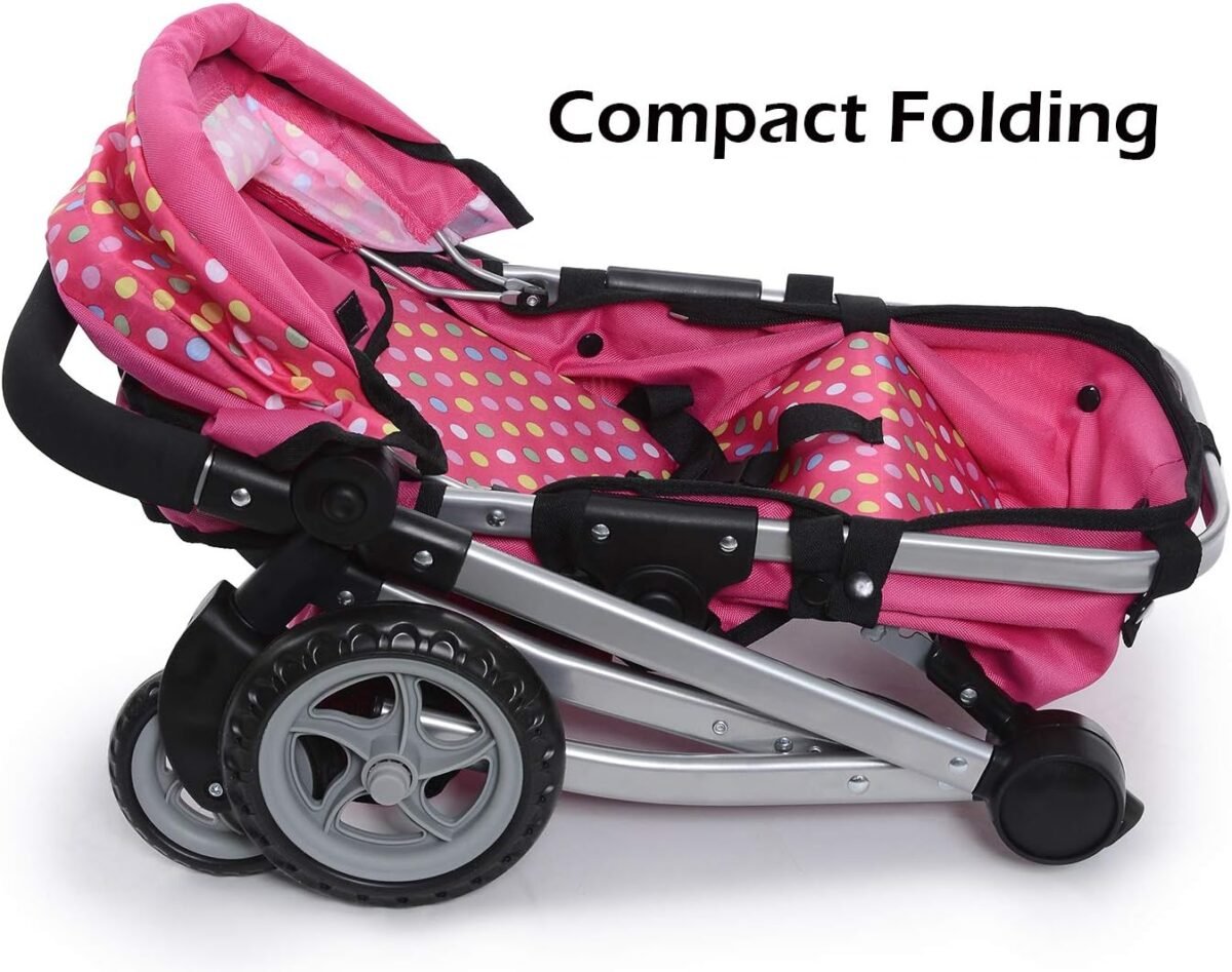 fash n kolor Foldable Pram for Baby Doll with Polka Dots Design with Swiveling Wheel Adjustable Handle - Image 7