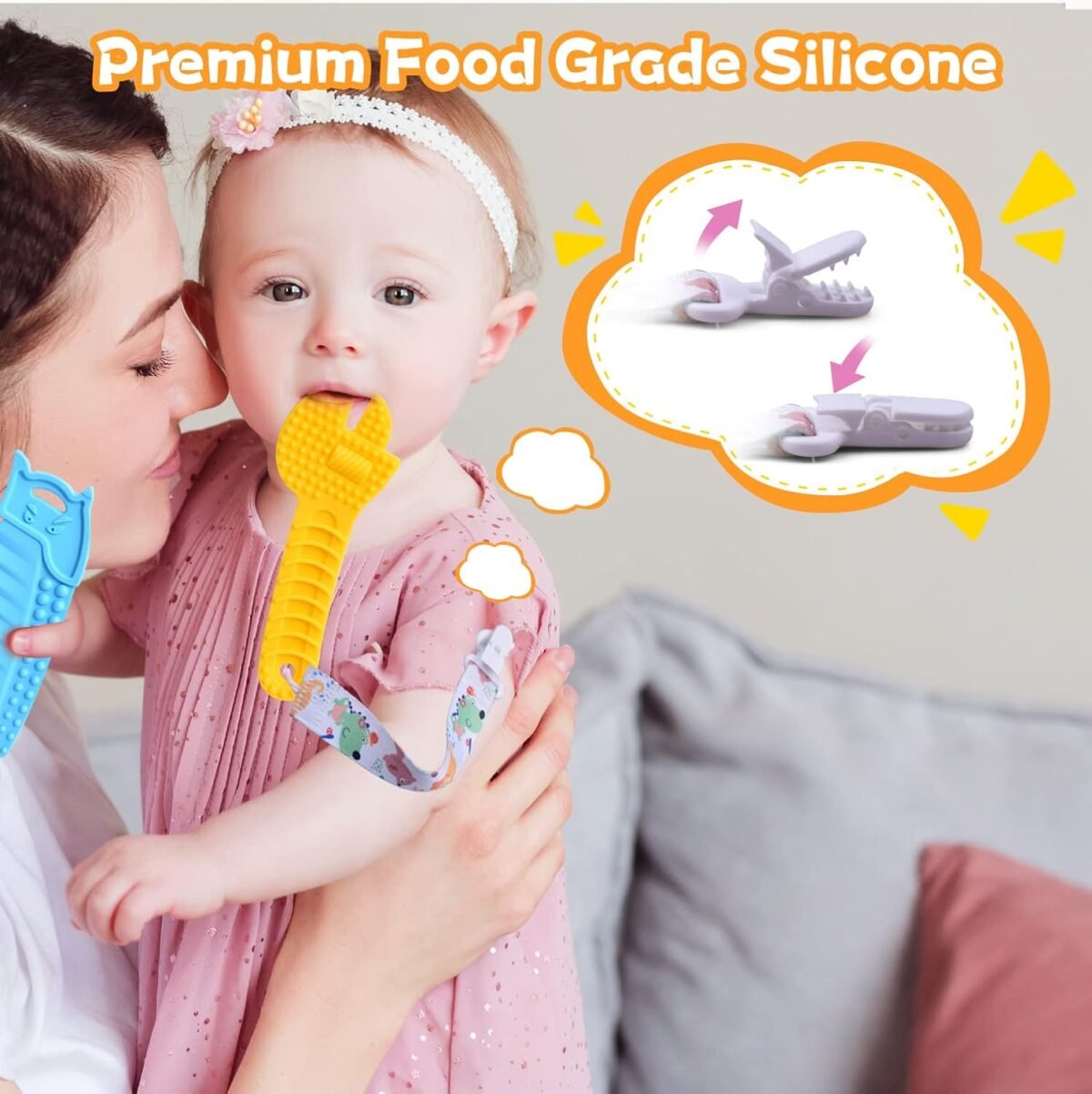 Baby Teething Toys for 0-6 / 6-12 Months - Molar Teether Chew Toys Set BPA Free Silicone, Soft Textures - Hammer Wrench Scissors Shape Gift 5-Pack - Image 3