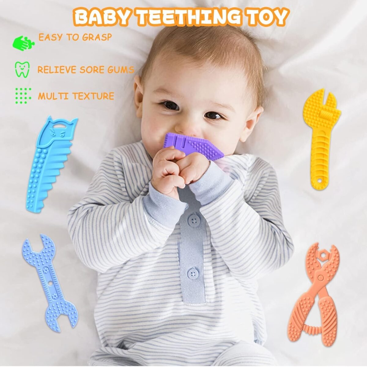 Baby Teething Toys for 0-6 / 6-12 Months - Molar Teether Chew Toys Set BPA Free Silicone, Soft Textures - Hammer Wrench Scissors Shape Gift 5-Pack - Image 5