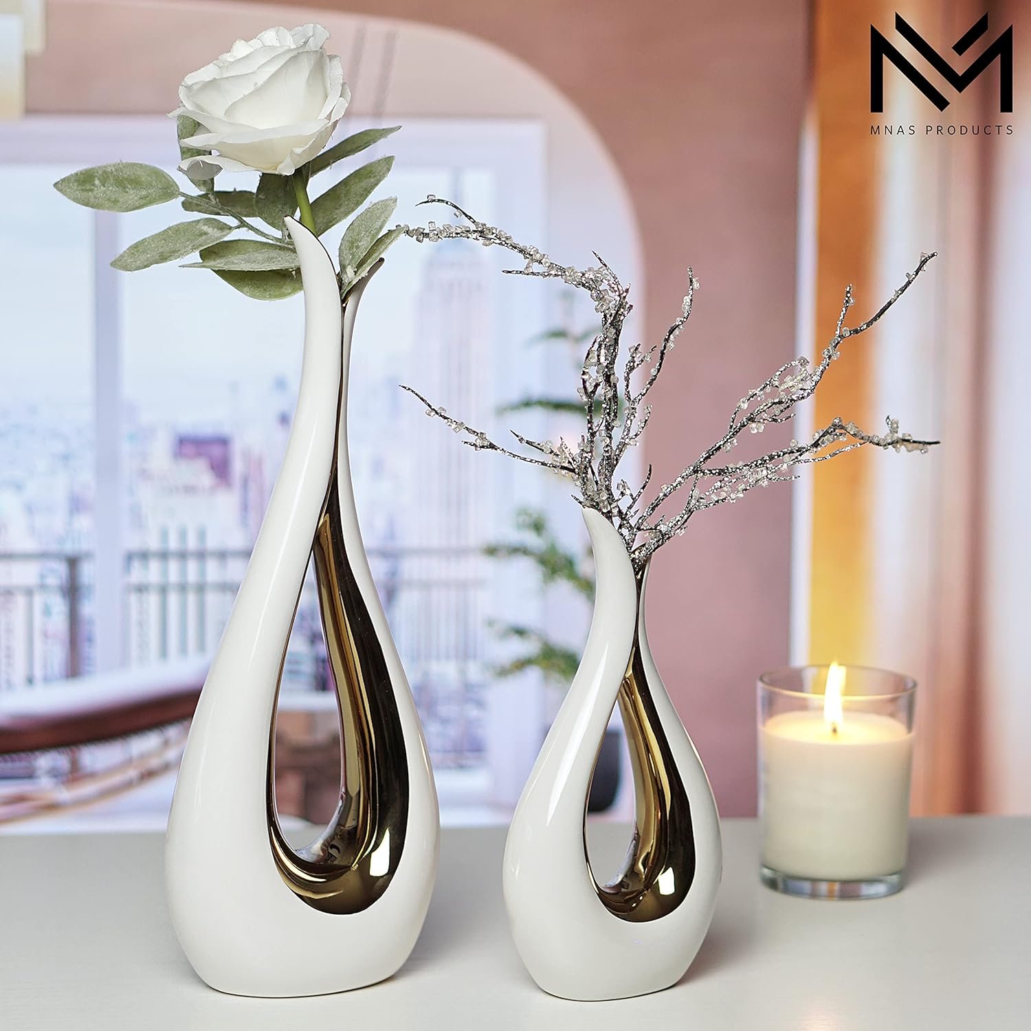 White Ceramic Decorative Vases, Set of 2, Nordic, Modern, Minimalist Design, for Home Decor, Bedroom, Weddings, Restaurants, Office and More - Image 4