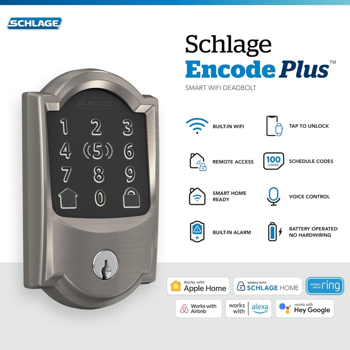 Schlage BE499WB CAM 619 Encode Plus WiFi Deadbolt Smart Lock, Keyless Entry Touchscreen Door Lock with Camelot Trim, Satin Nickel - Image 3