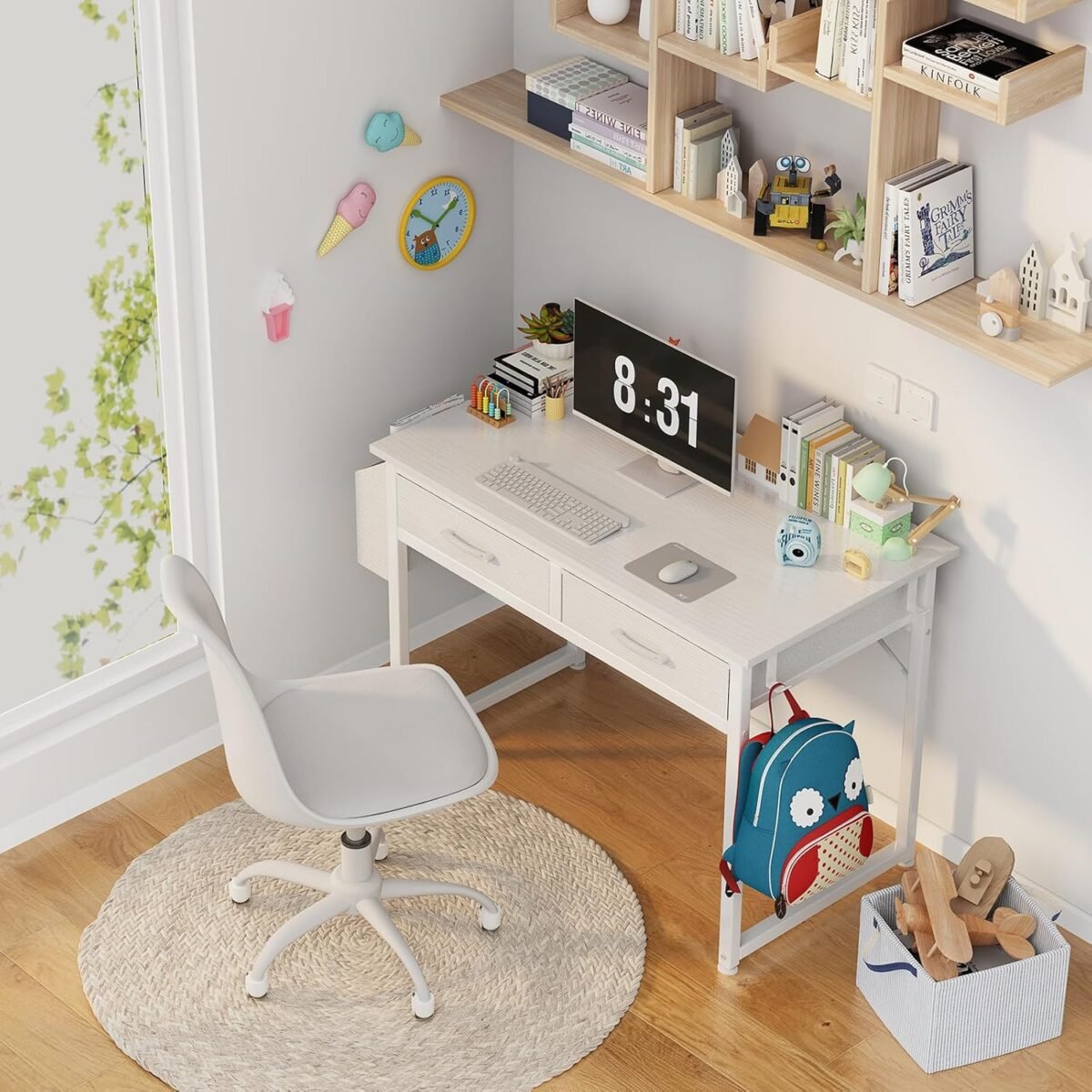 DLisiting White Small Desk with Fabric Drawers - 32 Inch Vanity Desk with Storage Drawer and Bag for Bedroom, Study Writing Table for Small Spaces, White - Image 3