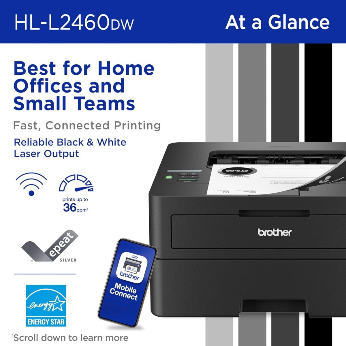 Brother HL-L2460DW Wireless Compact Monochrome Laser Printer with Duplex, Mobile Printing, Black & White Output | Includes Refresh Subscription Trial(1), Works with Alexa - Image 3