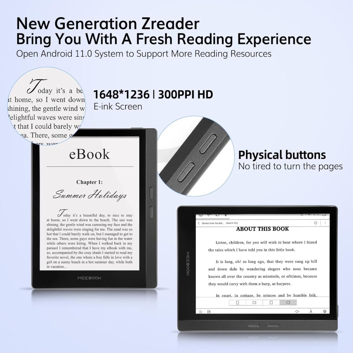 Meebook E-Reader M7 | 6.8' Eink Carta Screen | 300PPI Smart Light | Android 11 | Ouad Core Processor | Out Speaker | Support Google Play Store | 3GB+32GB Storage | Micro-SD Slot | Gray - Image 4