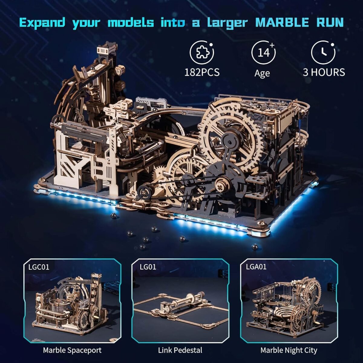 ROKR Marble Run Link Pack for LGC01 and LGA01 - 3D Wooden Puzzles for Adults, Model Building Kits, Spaceport and Night City - Image 3