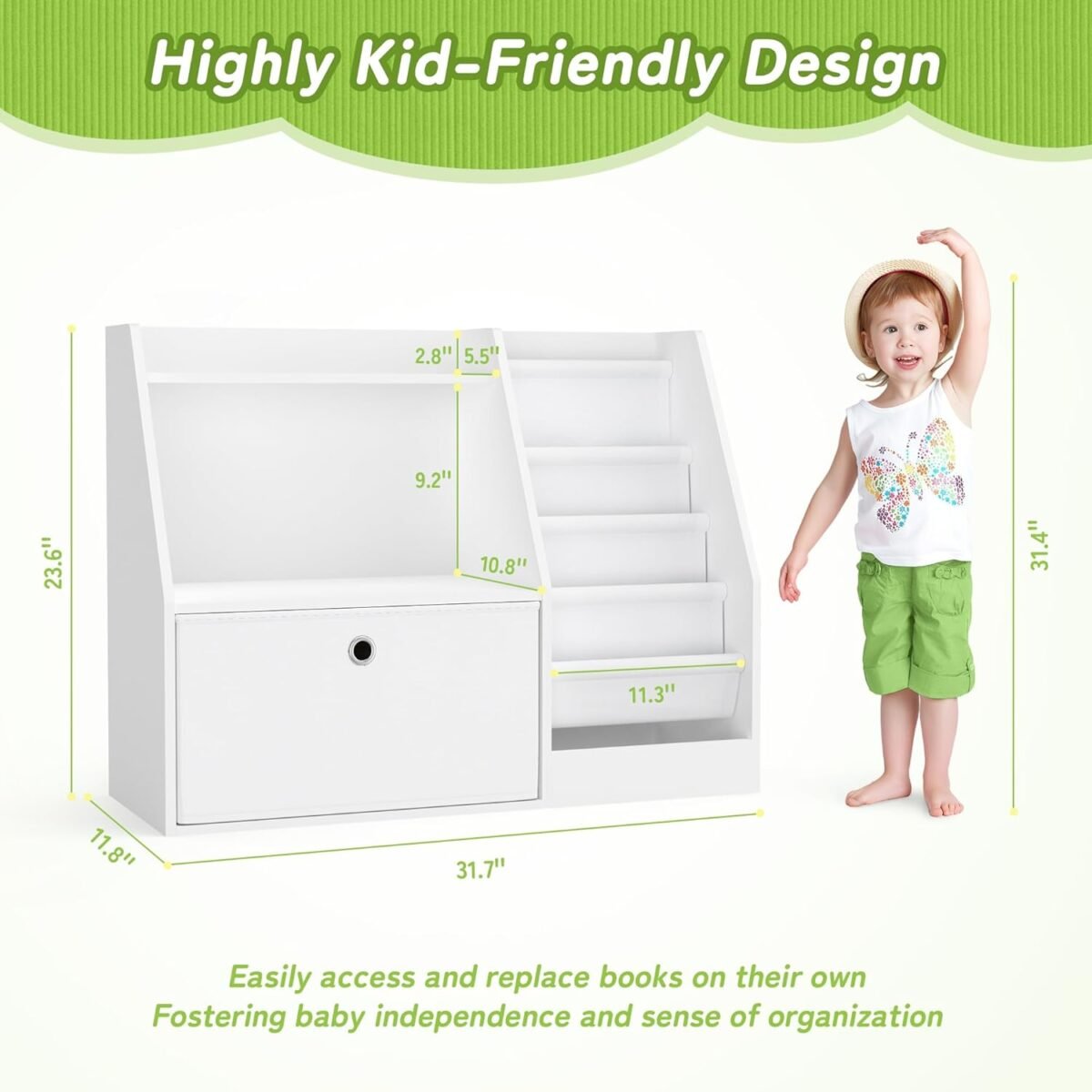 TOETOL Kids Bookshelf,Book Storage Organizer,4 Sling Toddler Wooden Book Shelf,2-Tier Kids Bookcase for Bedroom,Livingroom,Playroom,Nursery-White - Image 3