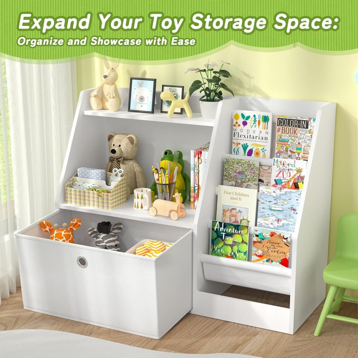 TOETOL Kids Bookshelf,Book Storage Organizer,4 Sling Toddler Wooden Book Shelf,2-Tier Kids Bookcase for Bedroom,Livingroom,Playroom,Nursery-White - Image 4