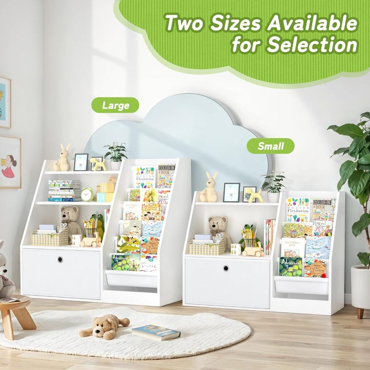 TOETOL Kids Bookshelf,Book Storage Organizer,4 Sling Toddler Wooden Book Shelf,2-Tier Kids Bookcase for Bedroom,Livingroom,Playroom,Nursery-White - Image 8