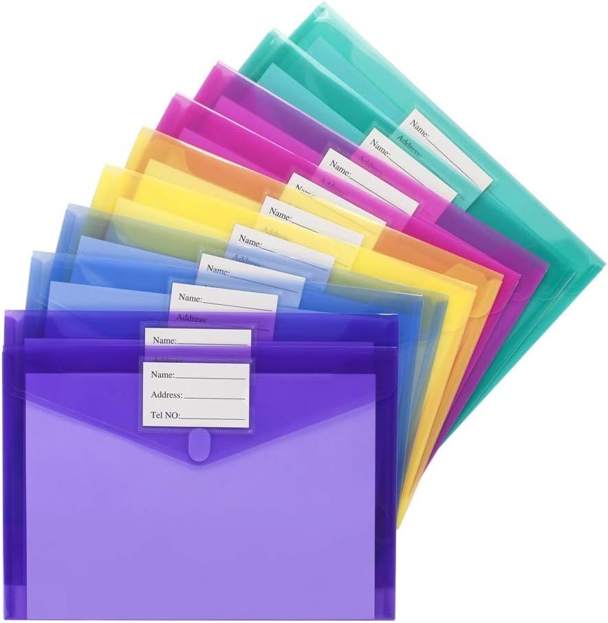 Sooez 10 Pack Plastic Envelopes Poly Envelopes, Clear Document Folders File Folders US Letter A4 Size File Envelopes with Label Pocket, Assorted Color - Image 3