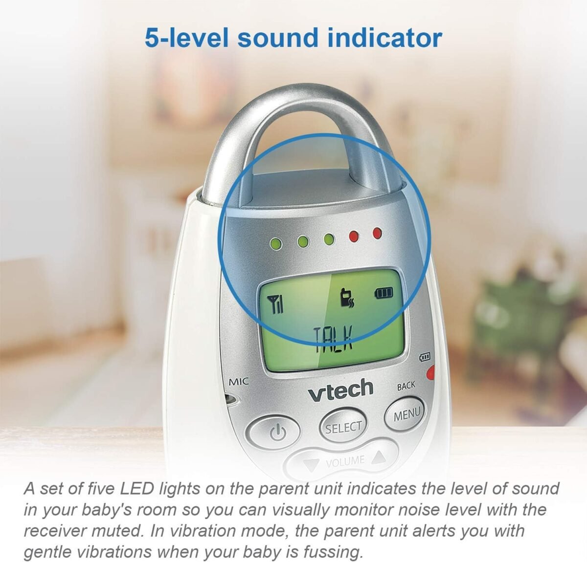VTech Communications DM221 Audio Baby Monitor with up to 1,000 ft of Range, Vibrating Sound-Alert, Talk Back Intercom & Night Light Loop, White/Silver - Image 3