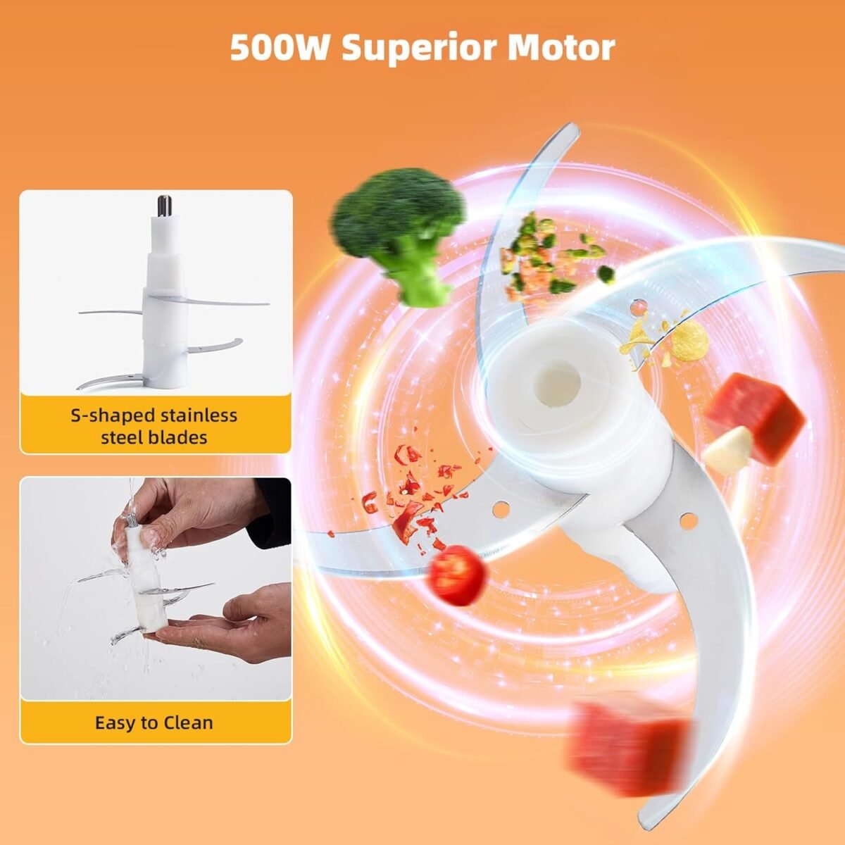 Food Processor，Electric Food Chopper with 500W Stainless Steel Motor & 4 Sharp Blades， 8-Cup Stainless Steel Bowl for Meat, Vegetables, Fruits and Nuts - Image 4