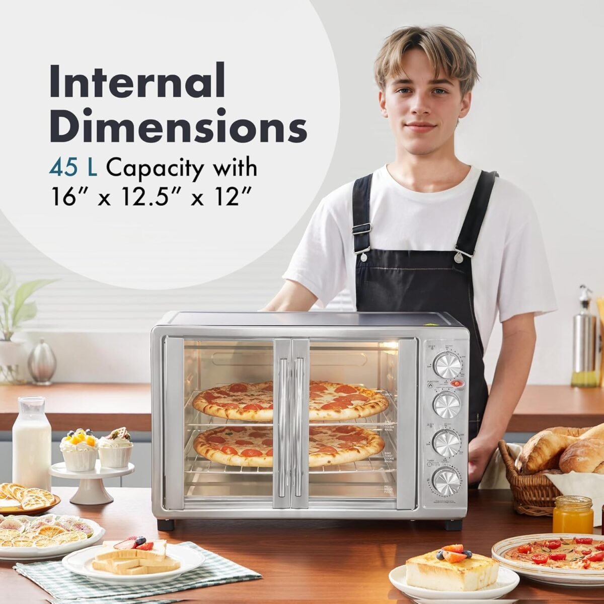 Elite Gourmet ETO-4510M French Door 47.5Qt, 18-Slice Convection Oven 4-Control Knobs, Bake Broil Toast Rotisserie Keep Warm, Includes 2 x 14" Pizza Racks, Stainless Steel - Image 3