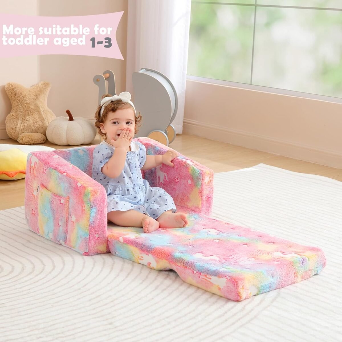 Kids Couch Fold Out, Foldable Toddler Couch with Blanket, Kids Sofa for Girls & Boys, Flip Out Toddler Chair, Convertible Sofa to Lounger for Children Age 1-3 (Glow Pink) - Image 3