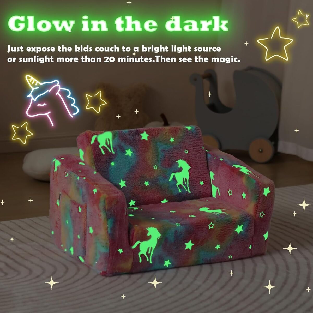 Kids Couch Fold Out, Foldable Toddler Couch with Blanket, Kids Sofa for Girls & Boys, Flip Out Toddler Chair, Convertible Sofa to Lounger for Children Age 1-3 (Glow Pink) - Image 6