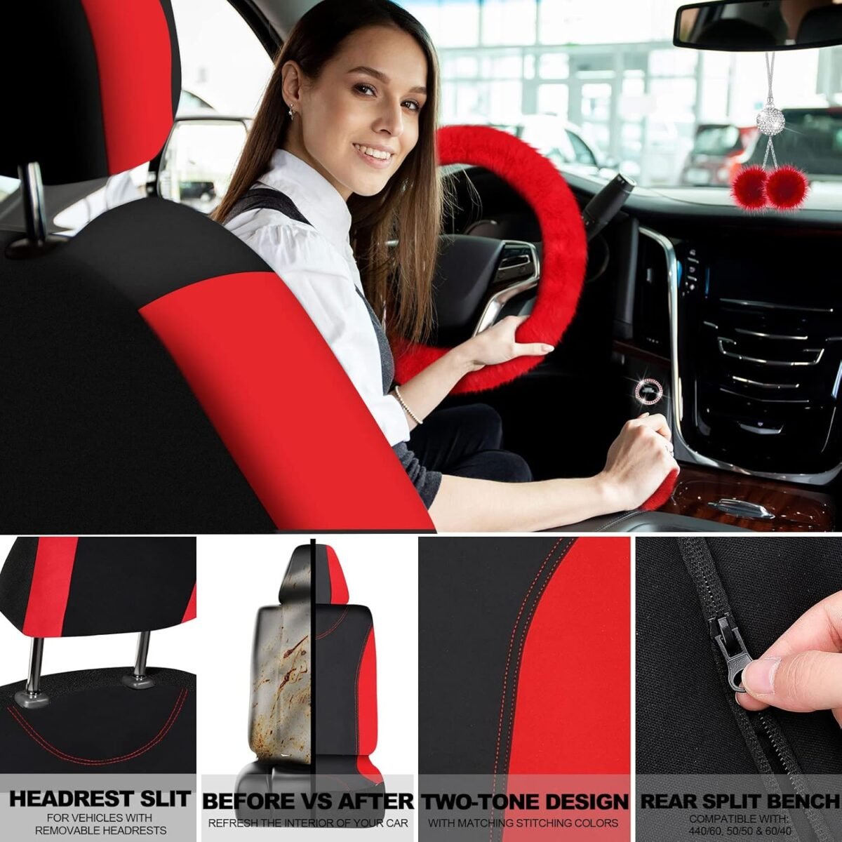 Woanger 47 Car Seat Cover Full Set for Women Included Car Front Rear Seat Fluffy Steering Wheel Cover Belt Automotive Floor Mats Air Conditioner Decoration Strip Universal(Red Black) - Image 5