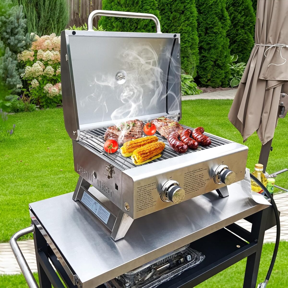 Portable Propane Gas Grill 2-Burner Tabletop with Foldable Legs for Outdoor Camping Cooking Two 10,000 BTU Burners Stainless Steel, and Built-in Thermometer Chef's Style - Image 3