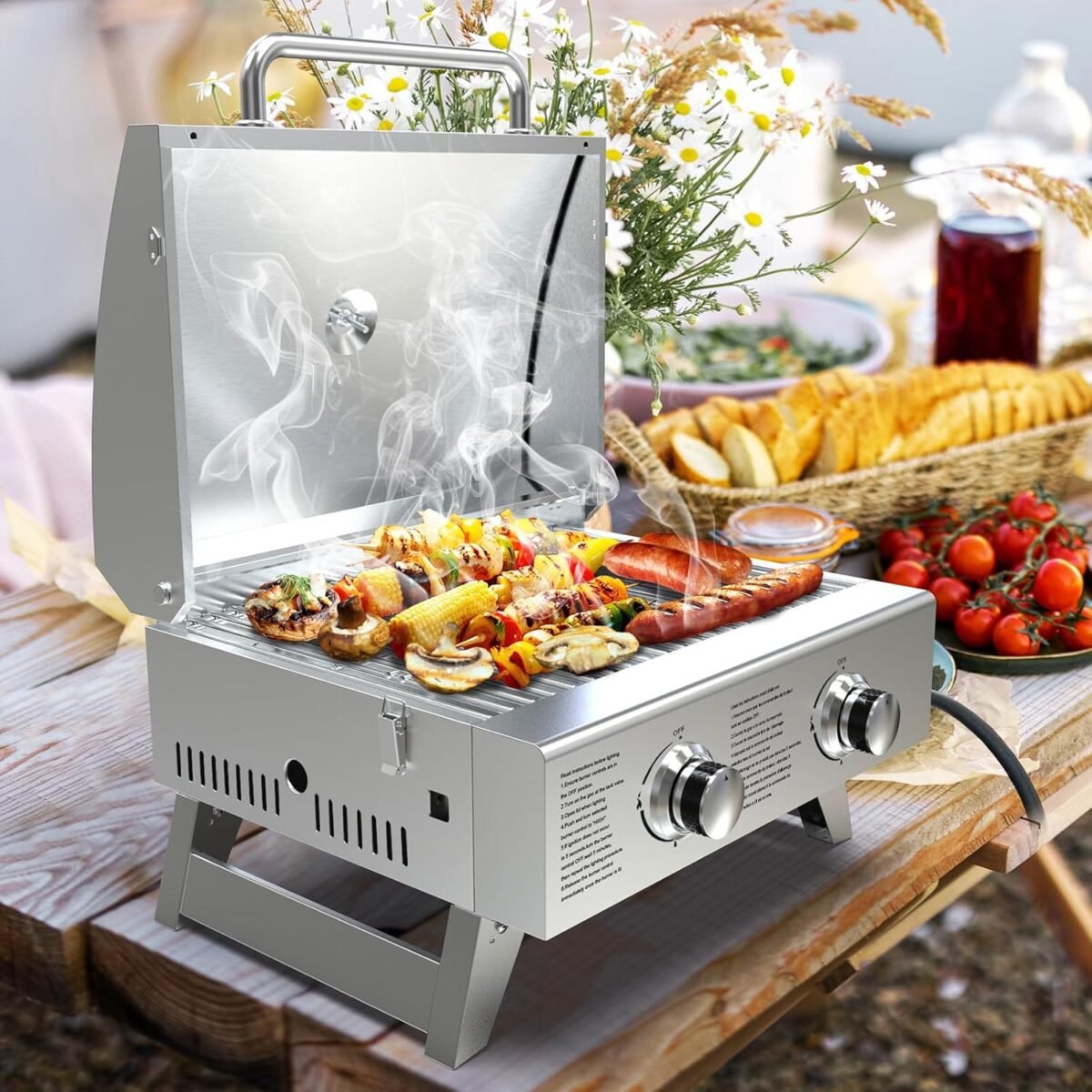 Portable Propane Gas Grill 2-Burner Tabletop with Foldable Legs for Outdoor Camping Cooking Two 10,000 BTU Burners Stainless Steel, and Built-in Thermometer Chef's Style - Image 6