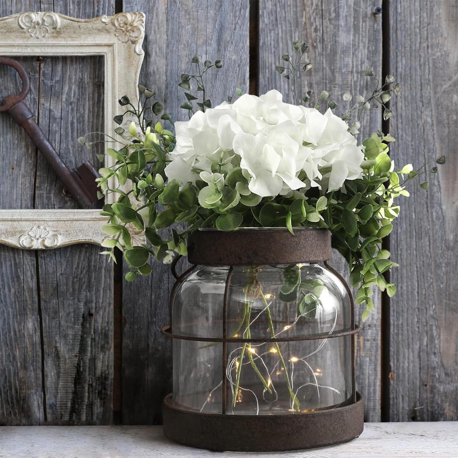 Farmhouse Glass Lantern Vase Vintage Flower Vases with Plants Hydrangea Lights Rustic Floral Arrangement Centerpieces Home Decor Hostess Housewarming Gift - Image 3
