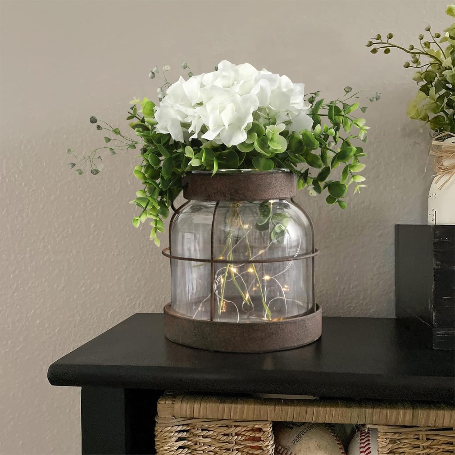 Farmhouse Glass Lantern Vase Vintage Flower Vases with Plants Hydrangea Lights Rustic Floral Arrangement Centerpieces Home Decor Hostess Housewarming Gift - Image 4