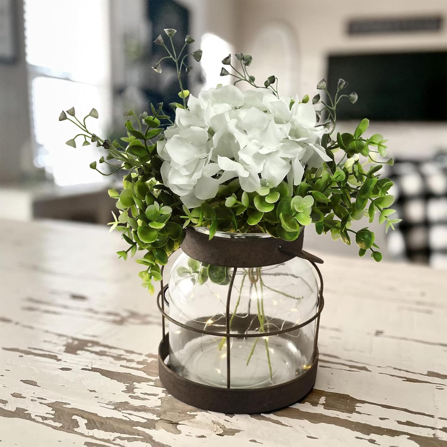 Farmhouse Glass Lantern Vase Vintage Flower Vases with Plants Hydrangea Lights Rustic Floral Arrangement Centerpieces Home Decor Hostess Housewarming Gift - Image 8