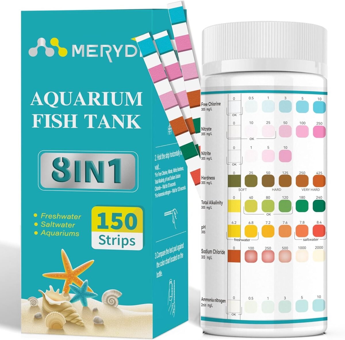 Aquarium Test Strips,8 in 1 Aquarium Ammonia Test Strips for Saltwater Freshwater Aquariums,Pond Fish Tanks,150 Aquarium Test Kit-Test pH, Alkalinity,Nitrate,Ammonia and More - Image 2