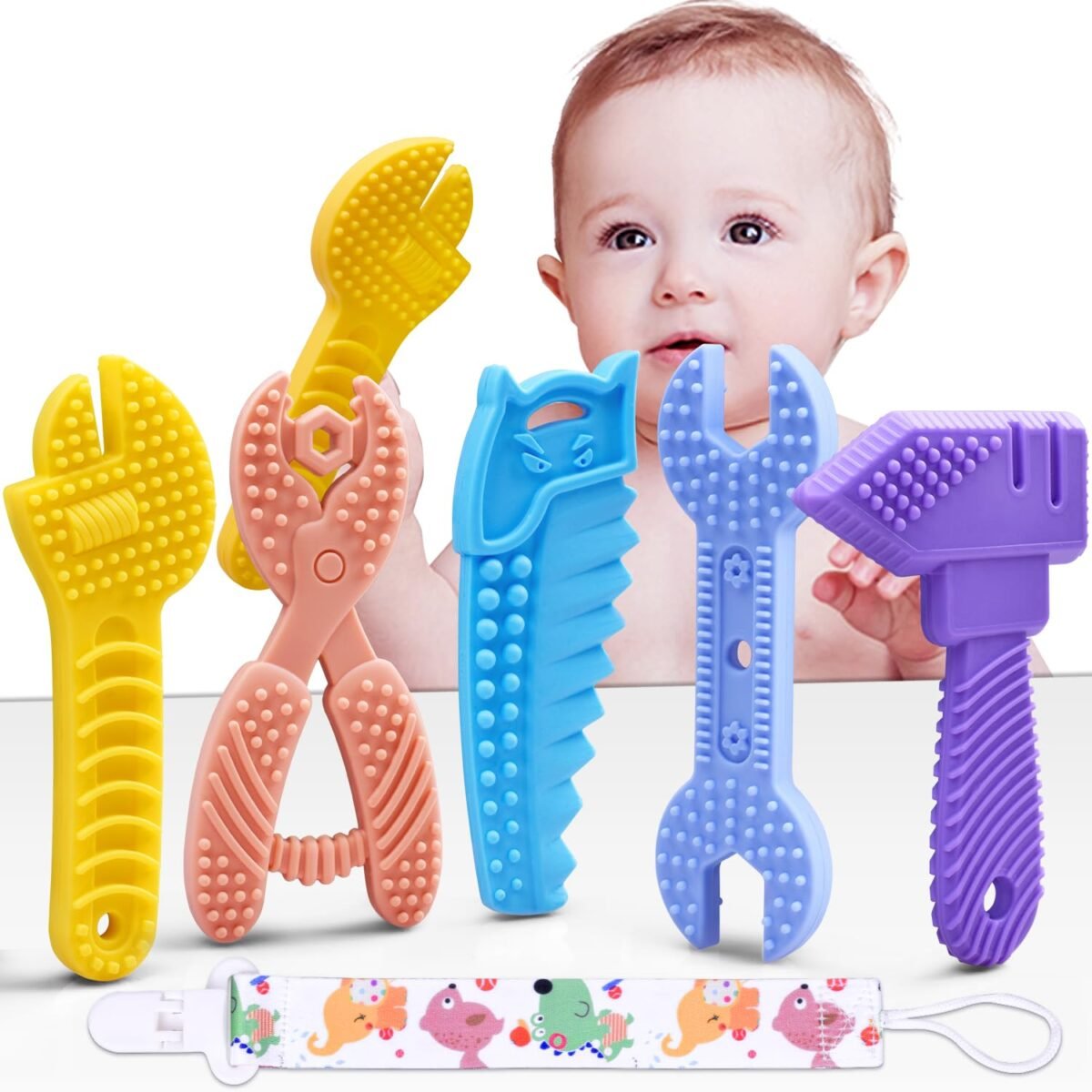Baby Teething Toys for 0-6 / 6-12 Months - Molar Teether Chew Toys Set BPA Free Silicone, Soft Textures - Hammer Wrench Scissors Shape Gift 5-Pack - Image 2