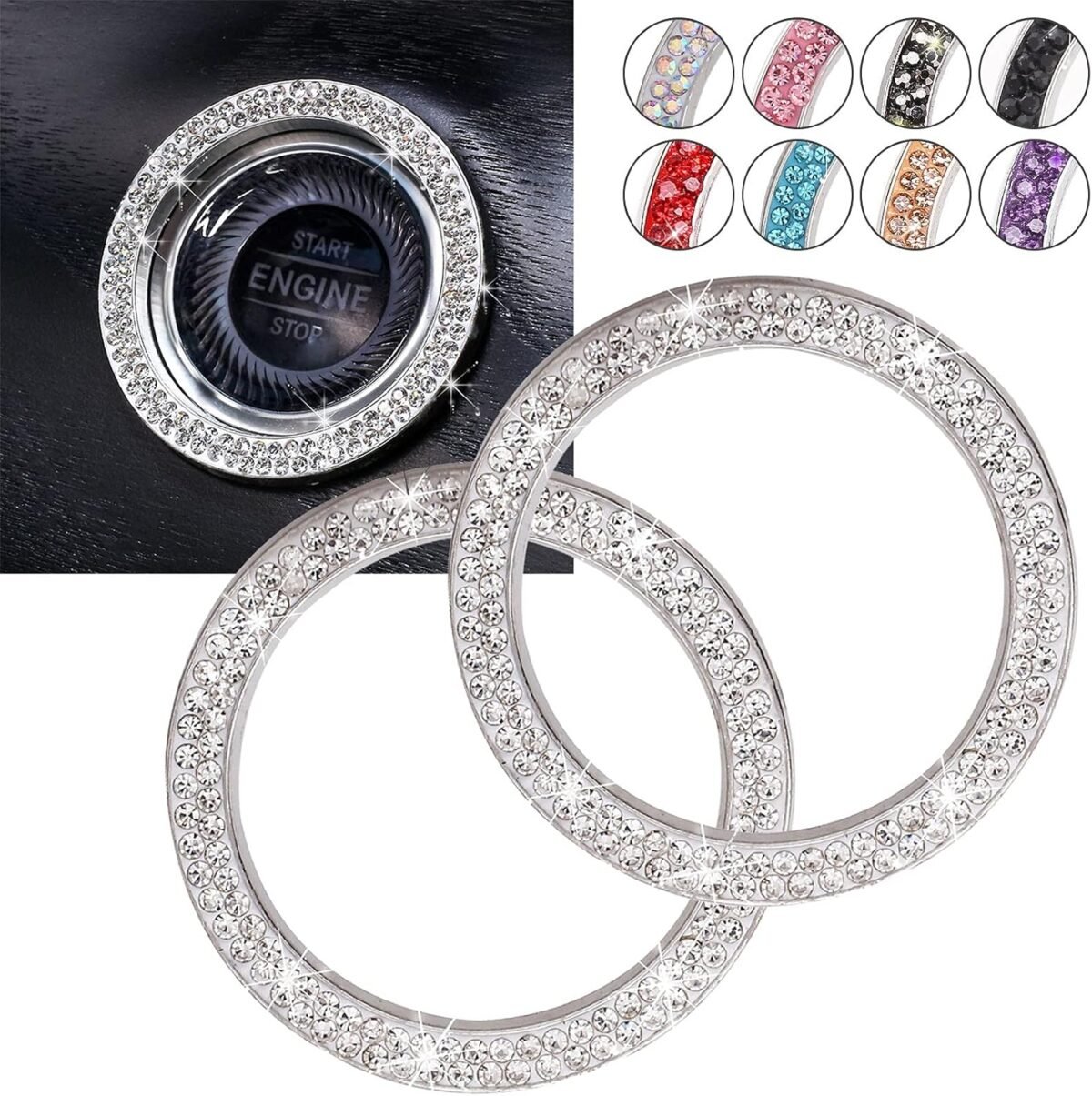 Car Bling Ring Crystal Car Stickers Rings Womens Car Decals,2Pcs Push Start Button Bling Ignition Ring Sticker,Bling Car Interior Accessory for Women,Silver - Image 2