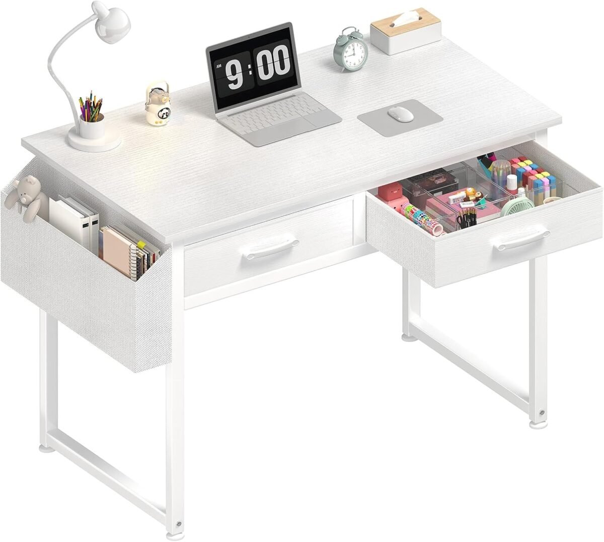 DLisiting White Small Desk with Fabric Drawers - 32 Inch Vanity Desk with Storage Drawer and Bag for Bedroom, Study Writing Table for Small Spaces, White - Image 2